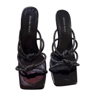 Womens Black Rhinestone Knotted Strap Square Toe Clear Heel‎ Sandals size 6